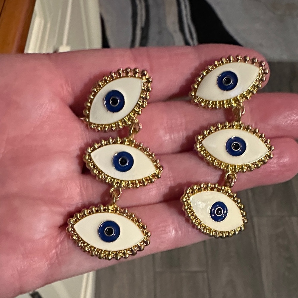Evil Eye Cream Enamel with Blue and Gold Hardware Dangle Earrings.